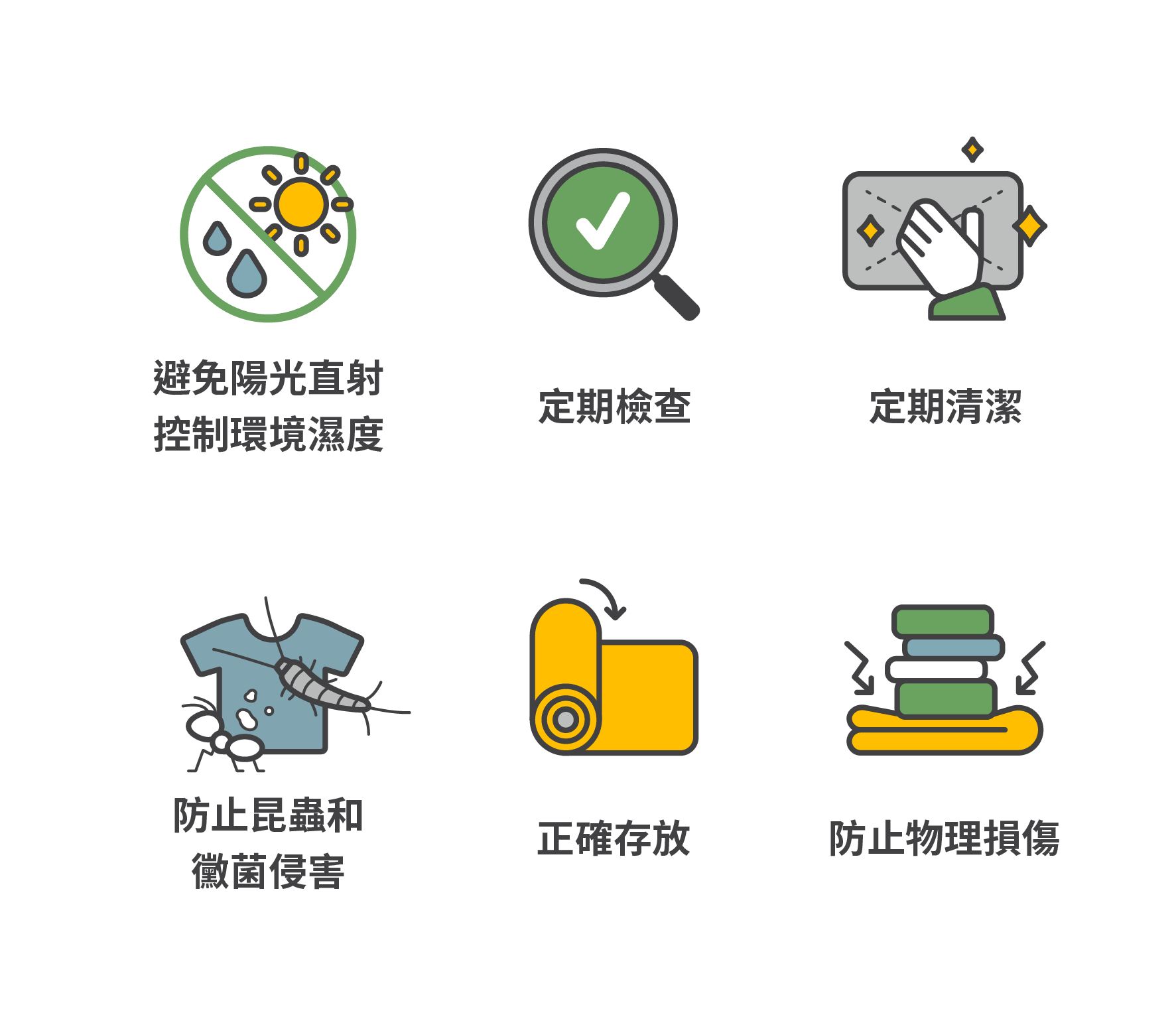1.避免陽光直射、2.定期檢查、3.定期清潔、4.防止昆蟲和霉菌侵害、5.正確存放、6.防止物理損傷
